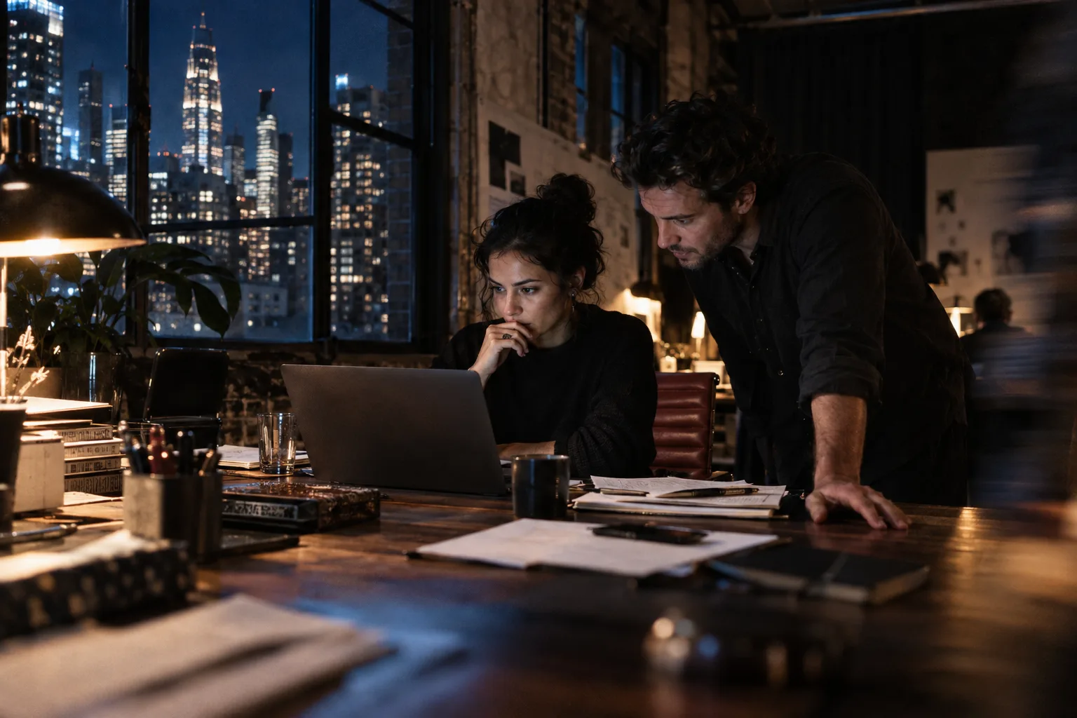 Operators reviewing an important decision at night