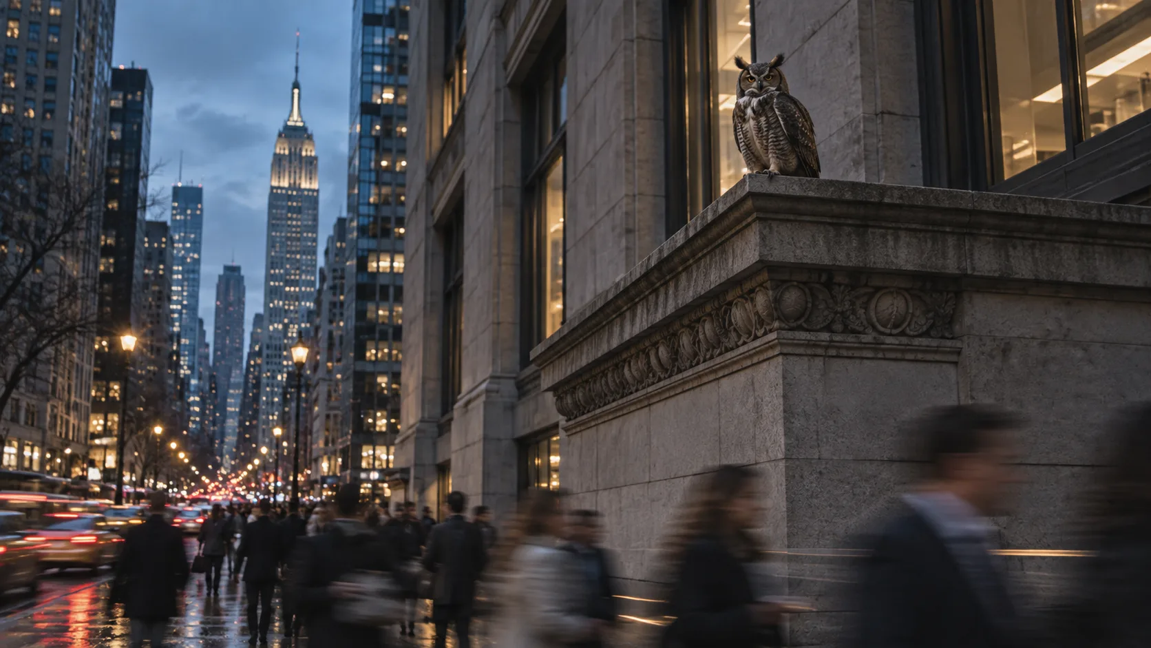 An owl watching over New York as people and traffic move through the city below