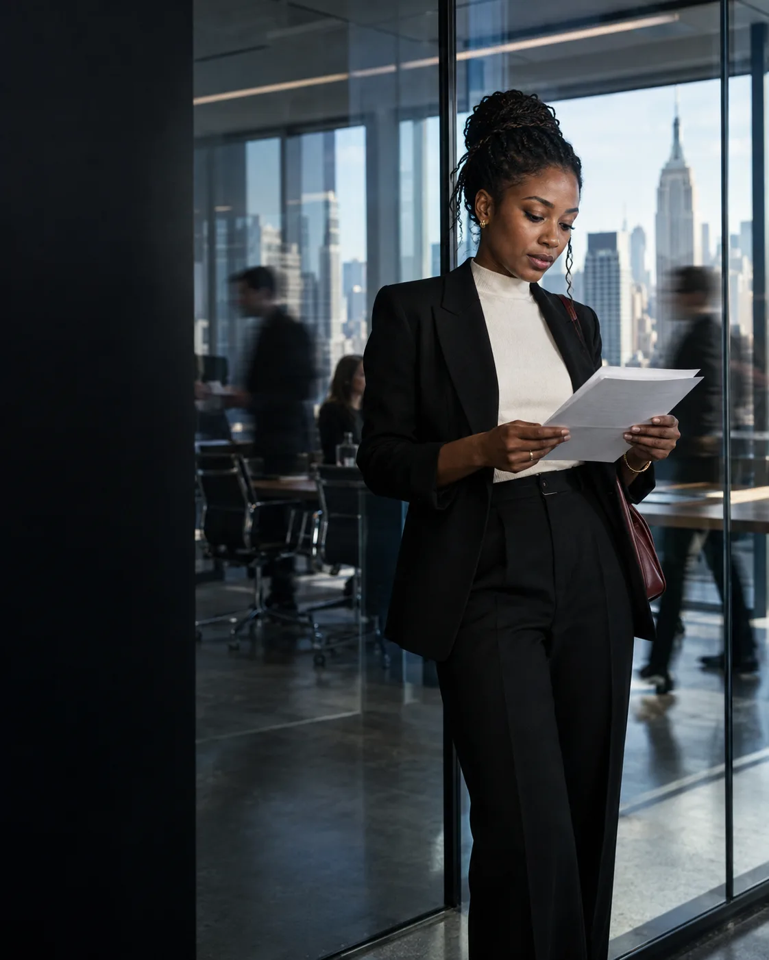 A revenue leader reviewing an account brief in New York