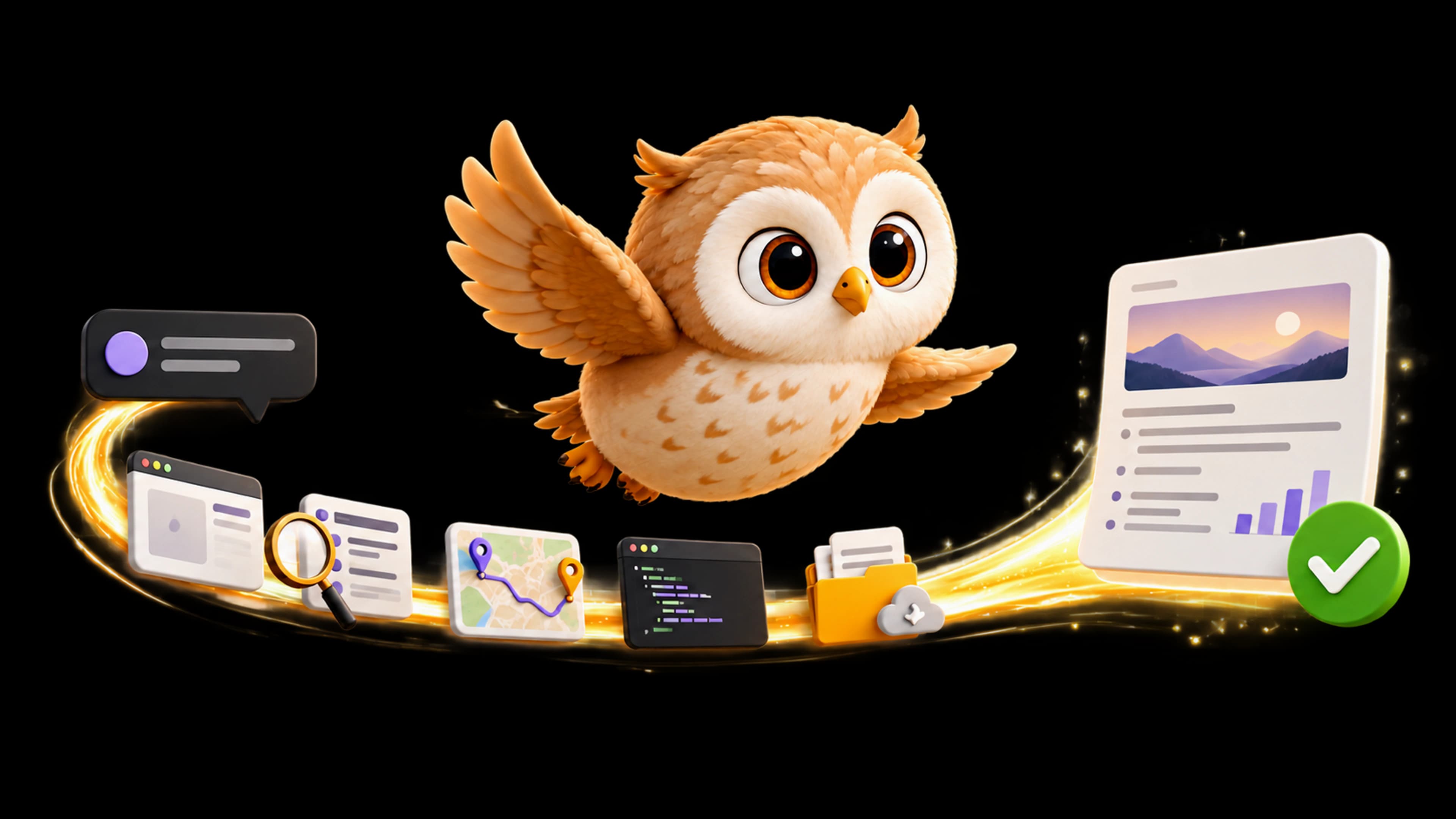 Owlbot turning a request into completed work across browser, research, maps, terminal and files