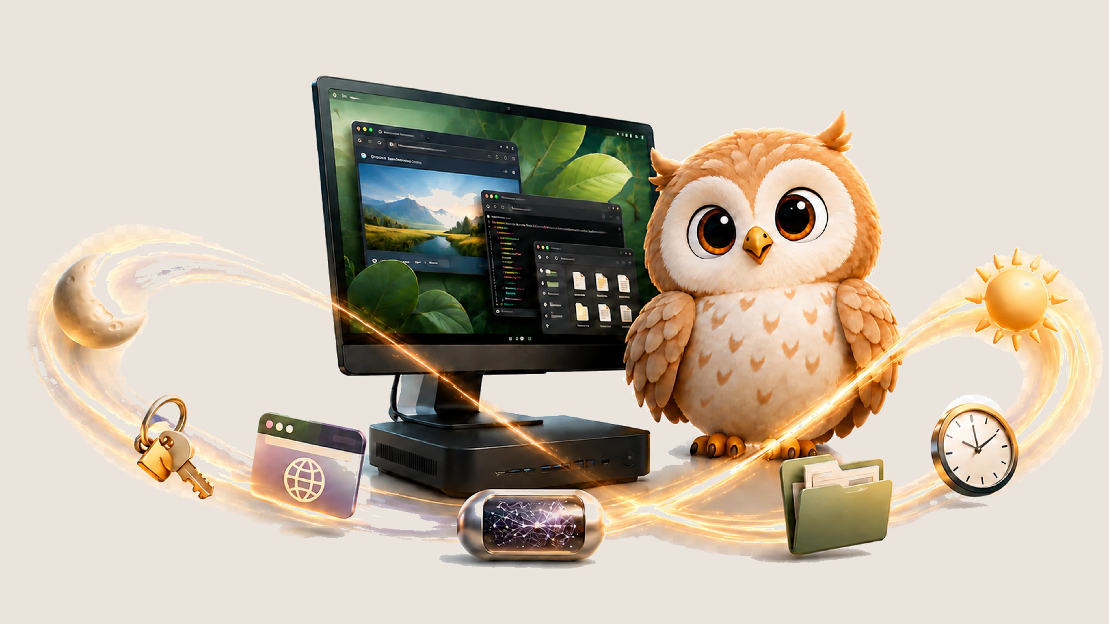 Owlbot keeping its Linux computer, browser, files and memory ready from evening until morning